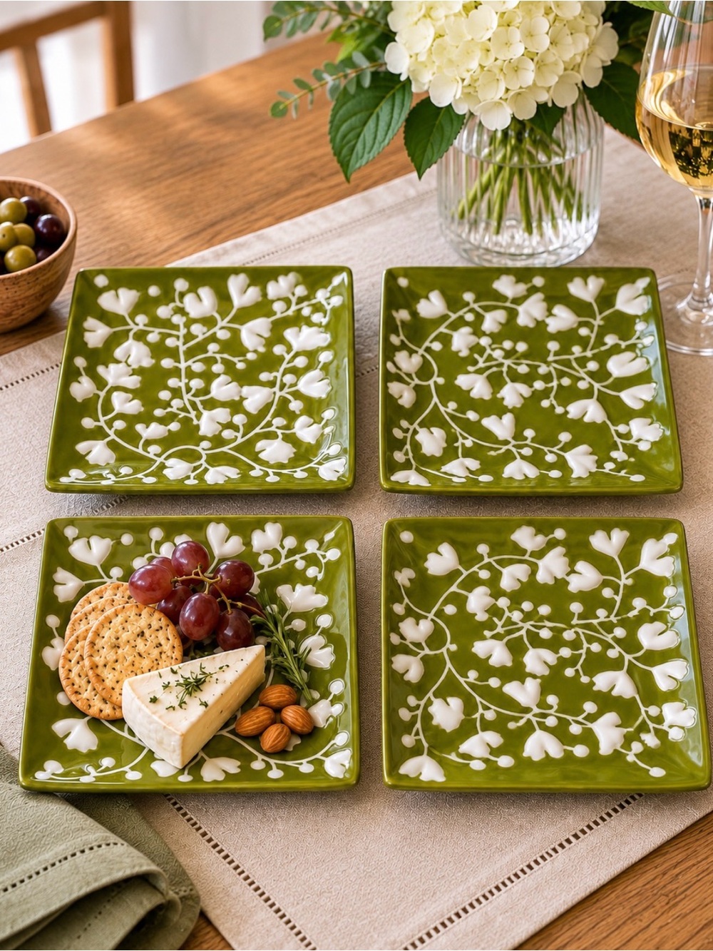 Crate & Barrel Olive Green Floral Square Appetizer Plates 7” Set of 4
